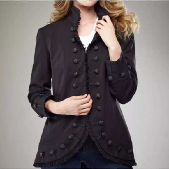 Soft Surroundings Jackets & Blazers - Soft Surroundings Size PXL Petite Black Ruffle Trim Military Style Jacket Coat